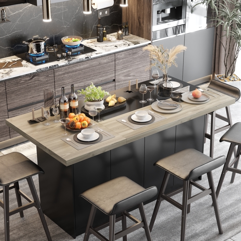 Modern Kitchen Island With Storage Black Base Thick Wood Top