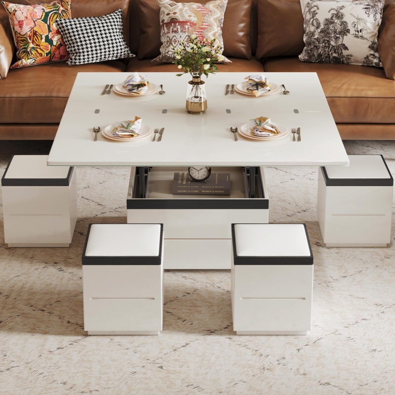 Modern Lift Top Coffee Table with Expandable Surface and Stools