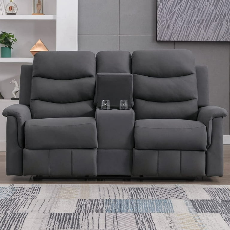 Modern Loveseat Recliner with Console, Tiered Backrest, Cup Holders