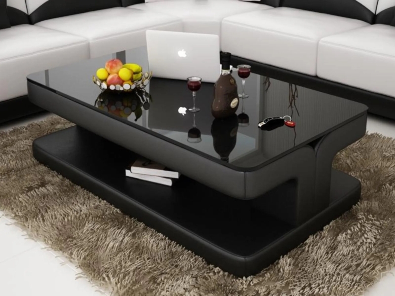 Modern Low-Profile Coffee Table with Leather-Like Base and Glass Top