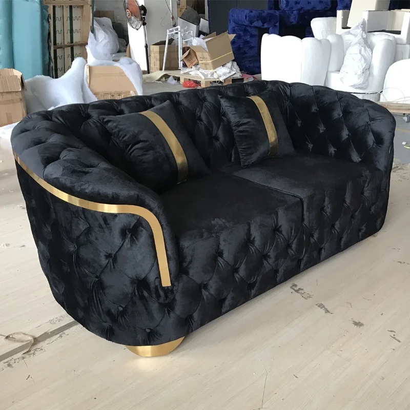 Modern Luxury Sofa Velvet All Over Tufting Gold Curved Trim