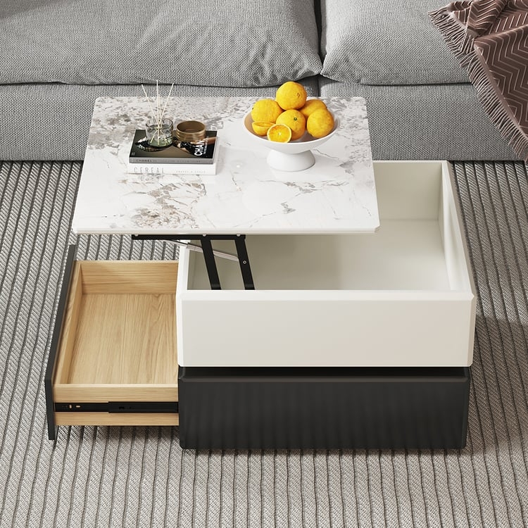 Modern Monochrome Lift Top Coffee Table, Sintered Stone and Black Base