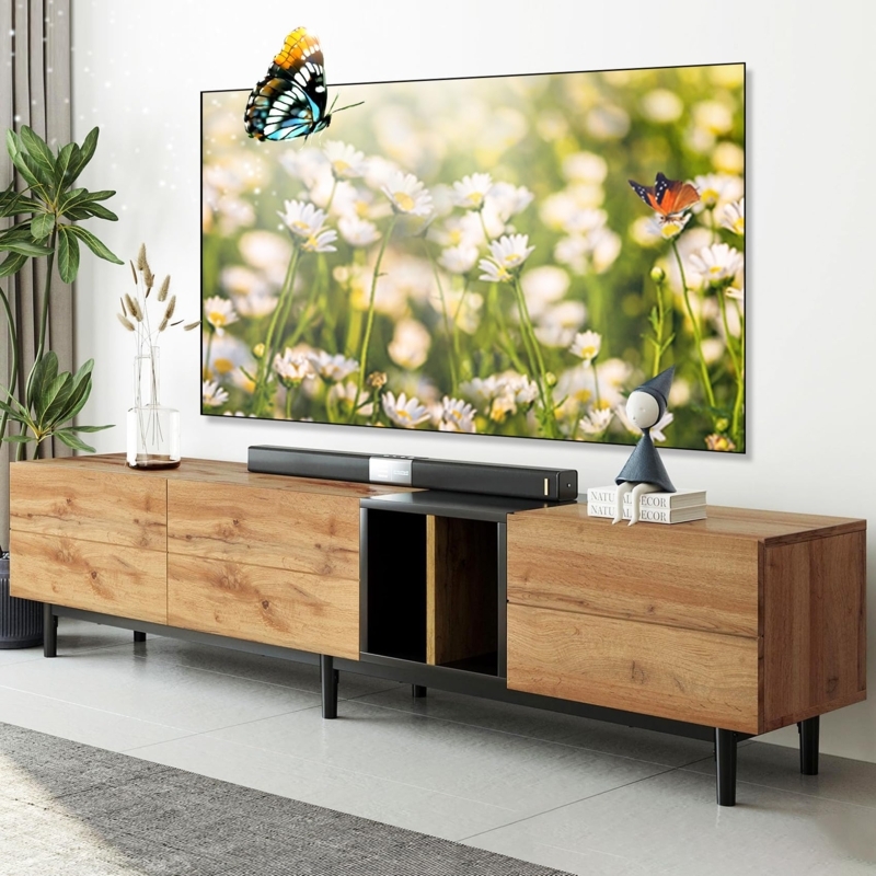 Modern Natural Wood TV Stand with Black Open Center Shelving