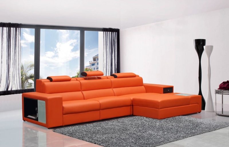 Modern Orange Sectional with Storage and Adjustable Headrests