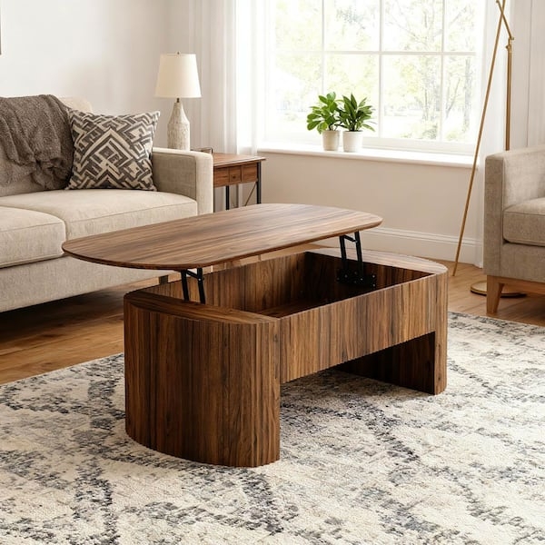 Modern Organic Lift Top Coffee Table Oval Ribbed Wood