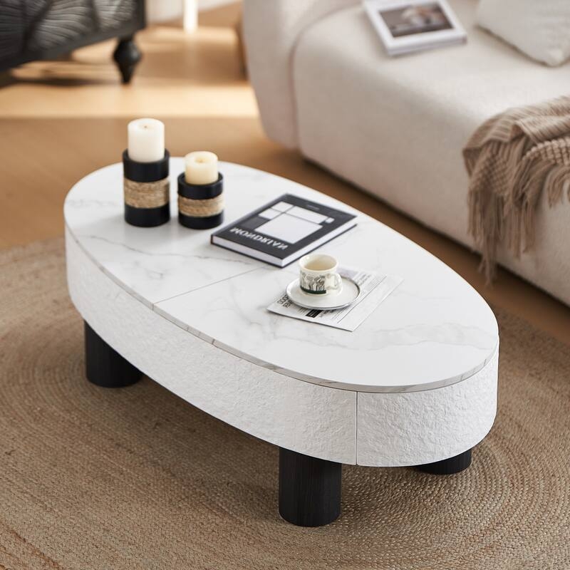 Modern Oval Coffee Table with Textured Base and Hidden Storage