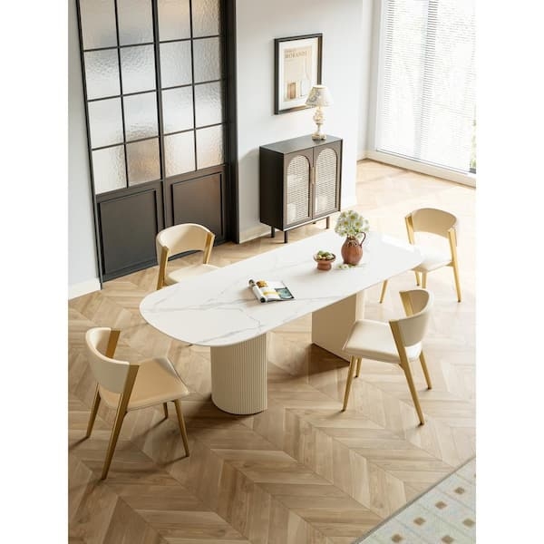 Modern Oval Dining Table with Polished Stainless Steel Pedestal Base