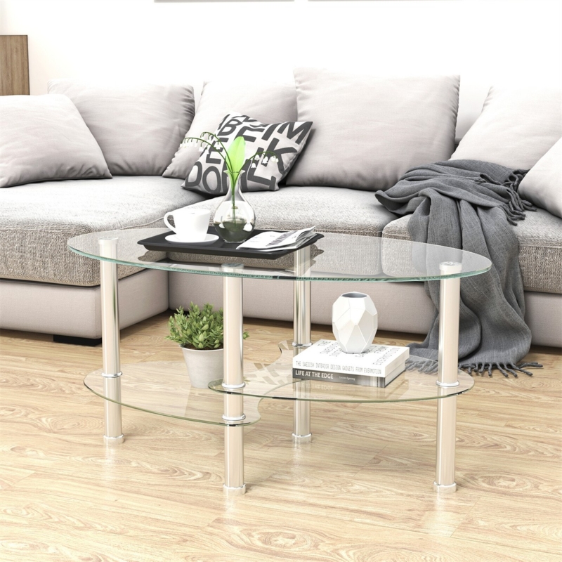 Modern Oval Glass Coffee Table Polished Chrome Legs