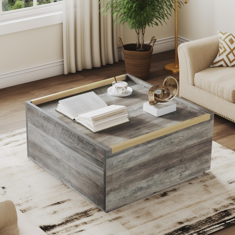 Modern Plinth Coffee Table with Gray Wash and Gold Edge Accents