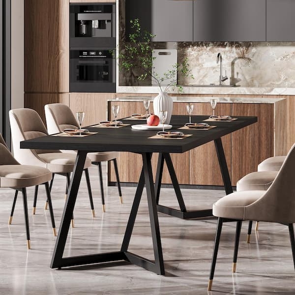 Modern Rectangular Dining Table with Angular Legs and Gold-Tipped Chairs