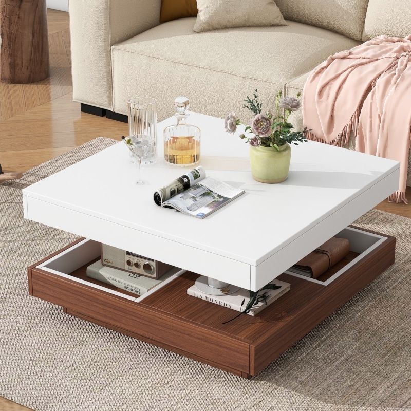 Modern Rotating Coffee Table with Two-Tone Tiered Base Storage