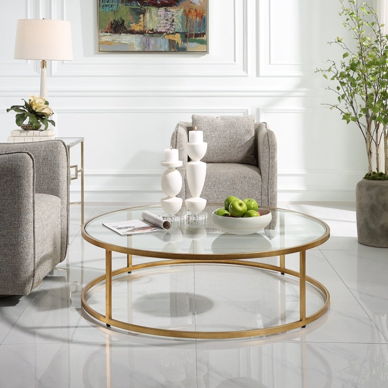 Modern Round Coffee Table with Clear Glass Top & Polished Gold Frame