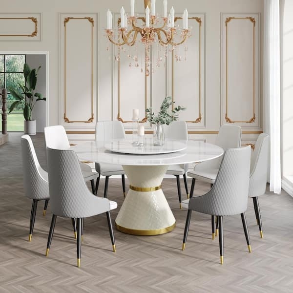 Modern Round Dining Set: White Sintered Stone Top, Quilted Pedestal Base, Gold