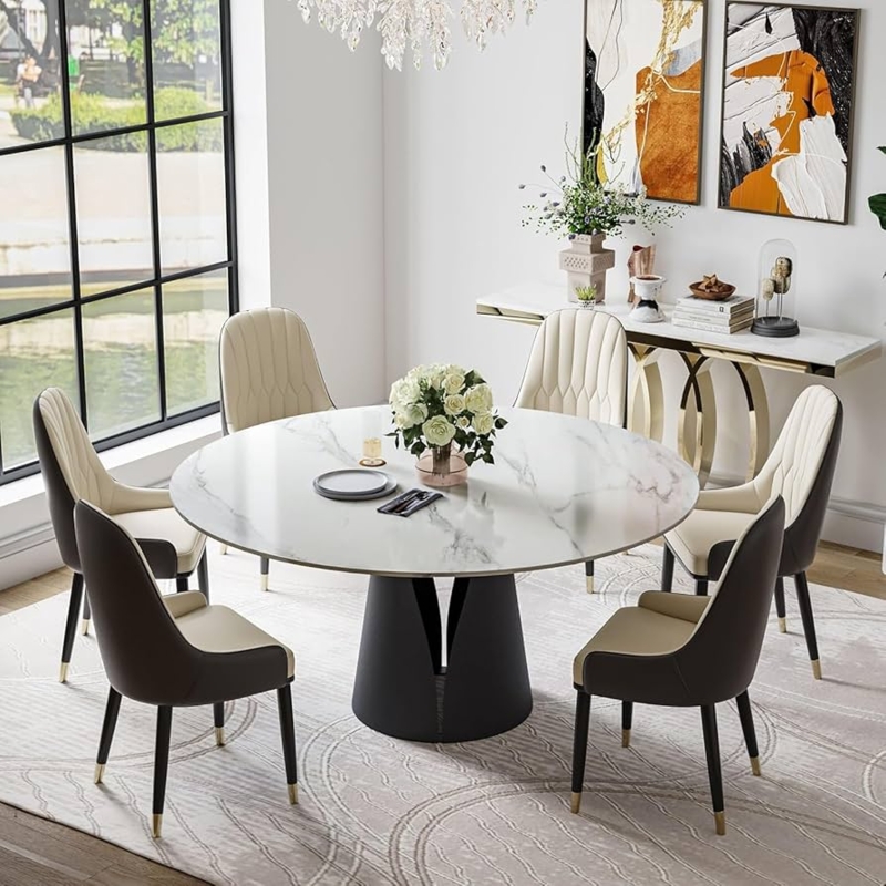 Modern Round Dining Table Set with Two-Tone Gold-Tipped Chairs