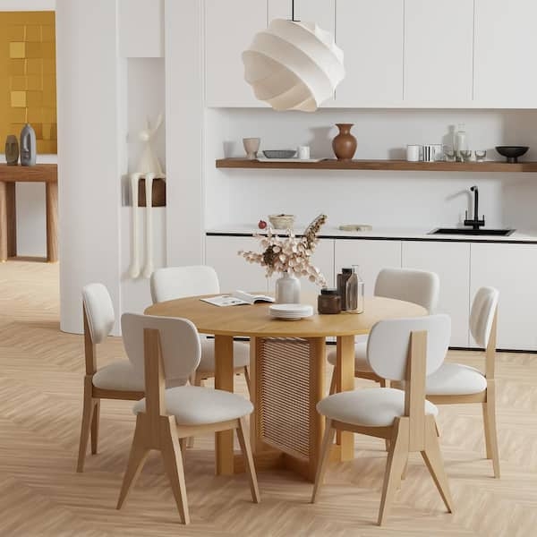 Modern Round Oak Dining Table with Ribbed Cross-Leg Base