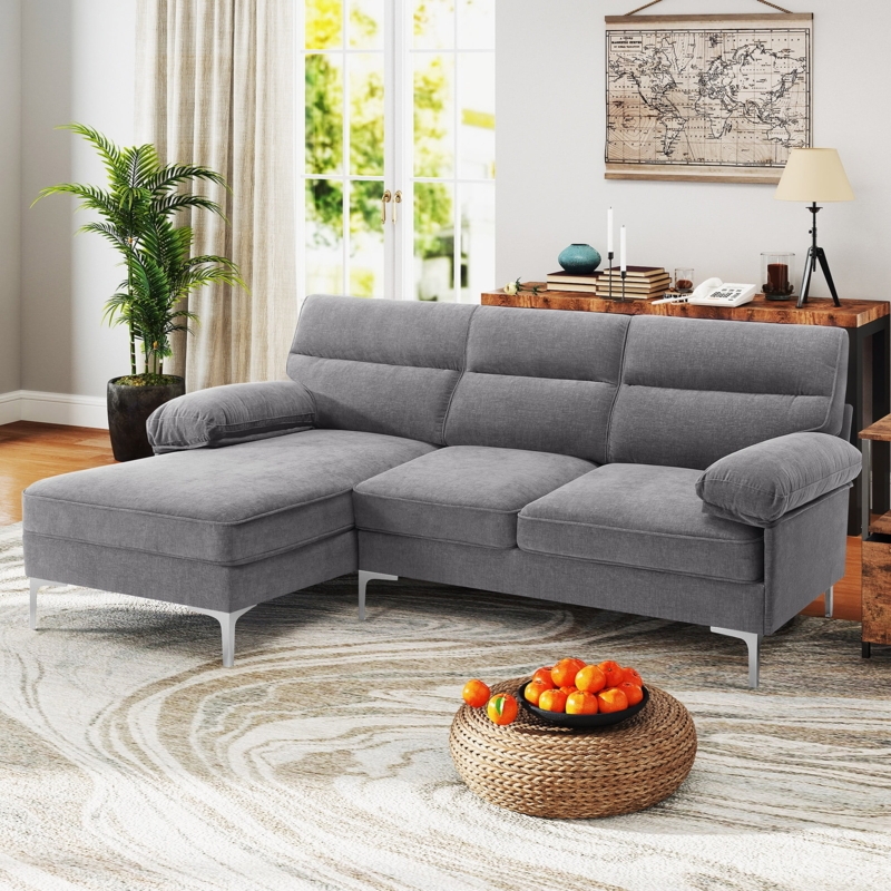 Modern Sectional Sofa Gray Chenille Silver Metal Legs Bolster Arms
