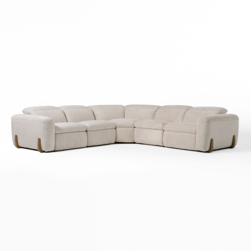 Modern Sectional Sofa in Beige Textured Fabric with Wood Accents