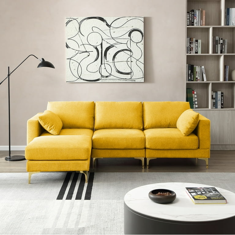 Modern Sectional Sofa with Gold Metal Legs and Removable Ottoman