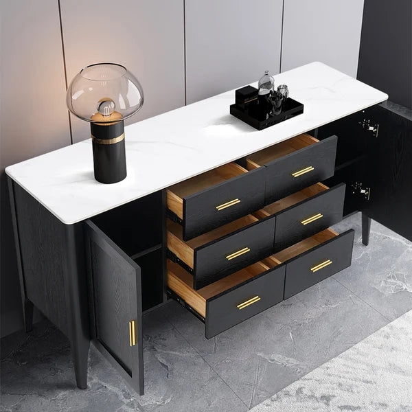 Modern Sideboard White Sintered Stone Top Gold Bar Pulls