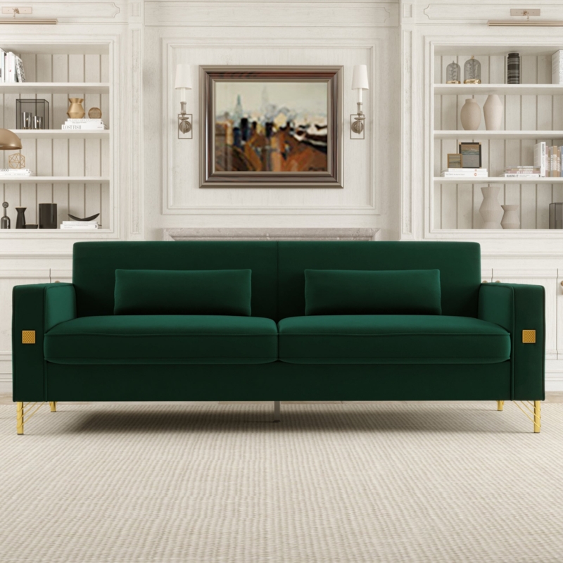 Modern Sofa Emerald Green Velvet with Unique Gold Arm Accents.