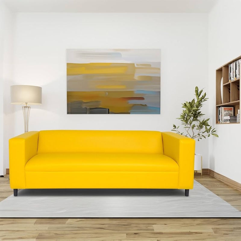 Modern Sofa in Bright Yellow Faux Leather with a Boxy Silhouette