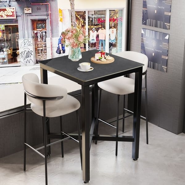Modern Square Bar Table: Sintered Stone & White Stools