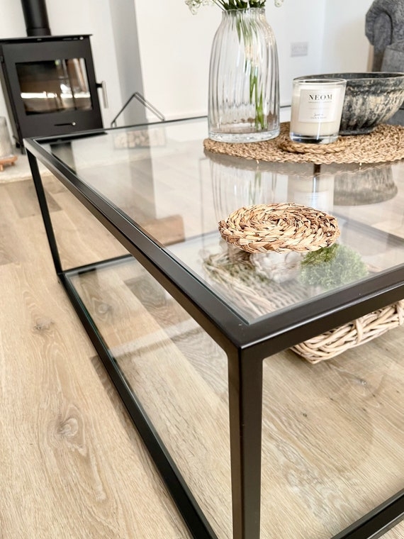 Modern Square Coffee Table with Two-Tier Glass and Metal Frame