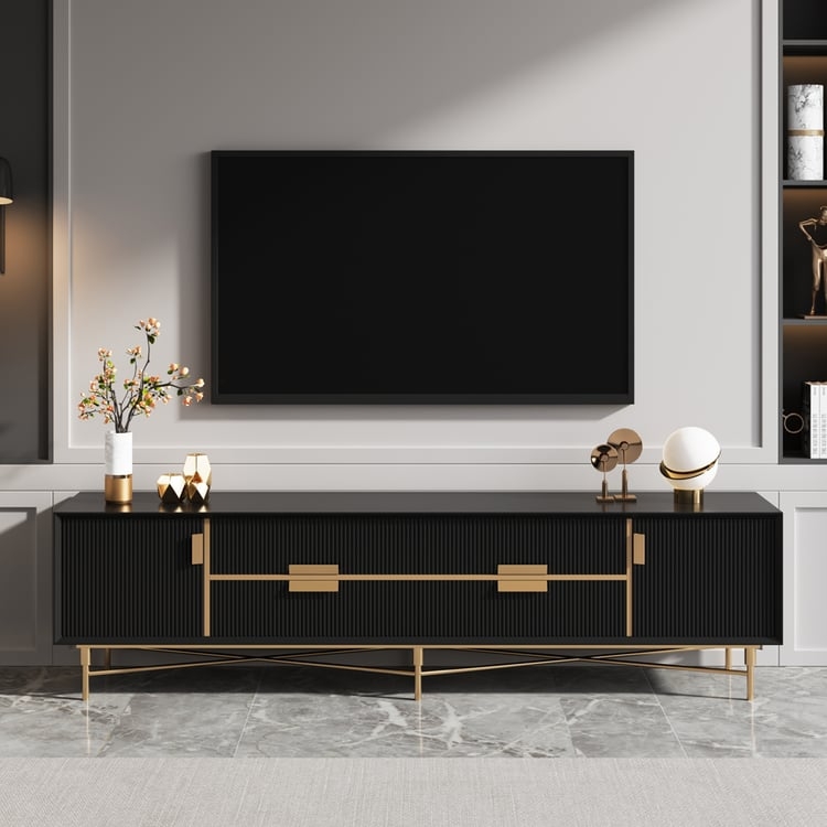 Modern TV Stand Black Ribbed Front with Gold X-Frame Base Media Console