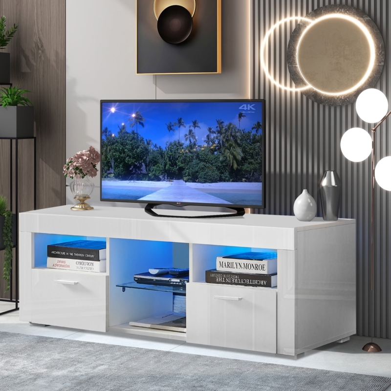 Modern TV Stand High Gloss White with Blue LED Lighting
