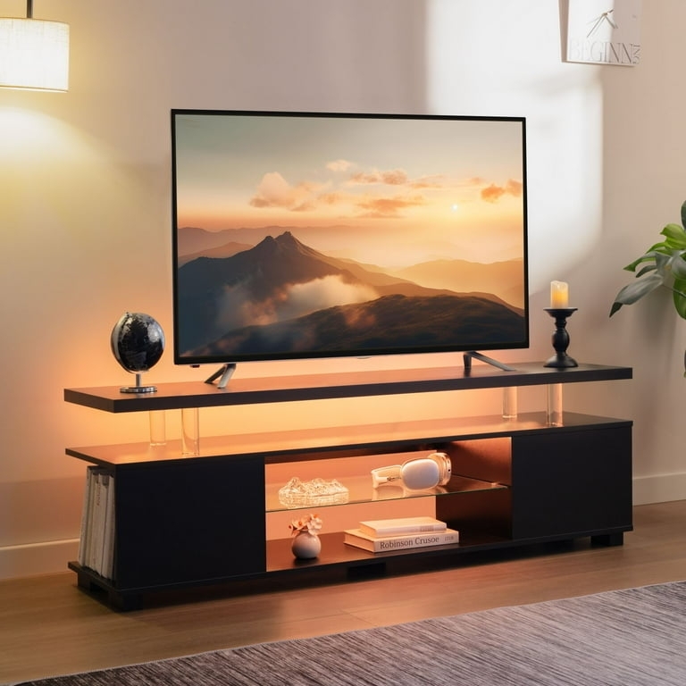 Modern TV Stand: Matte Black Tiered Floating Design, Integrated LED