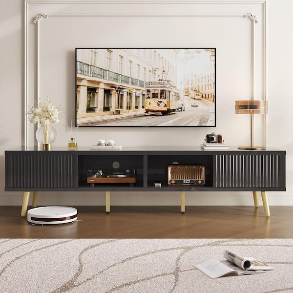 Modern TV Stand with Glossy Black Finish and Ribbed Sliding Doors