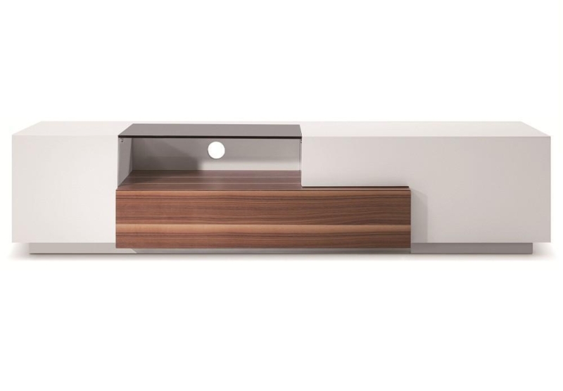Modern Two-Tone TV Stand White Gloss & Walnut with Tinted Glass Shelf