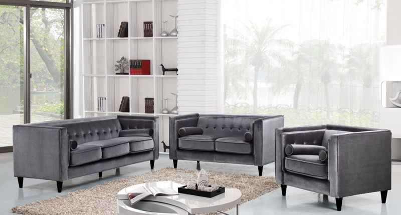 Modern Velvet Living Room Set with Track Arms and Bolster Pillows