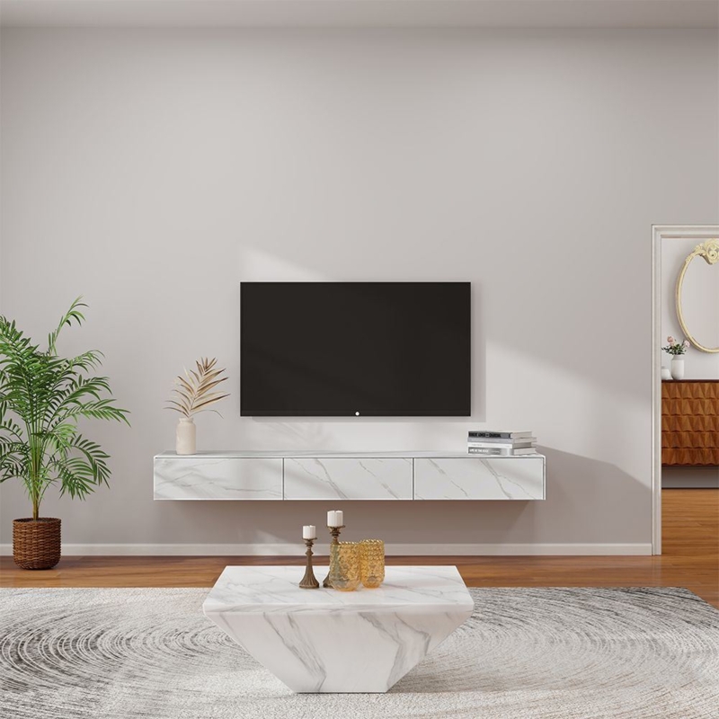 Modern Wall-Mounted TV Stand with White Floating TV Cabinet with Drawers  Sintered Stone - TV Stand and Home Furniture