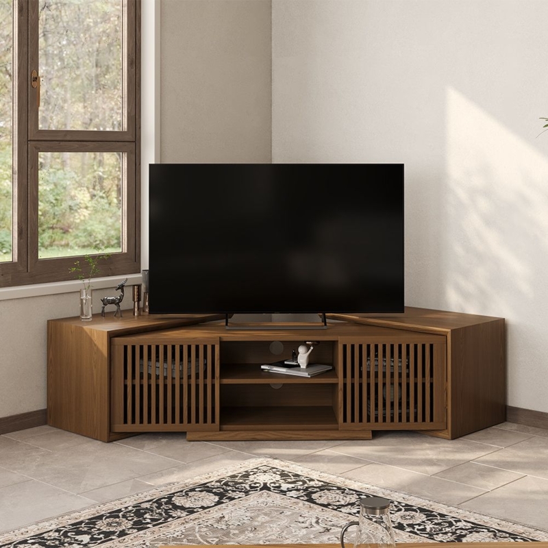 Modern Walnut Corner TV Stand with Slatted Sliding Doors