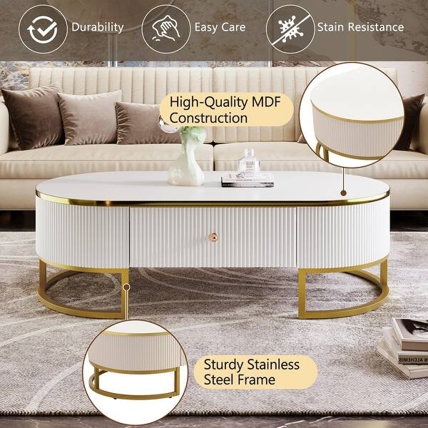 Modern White Coffee Table with Fluted Sides and Lacquered Base