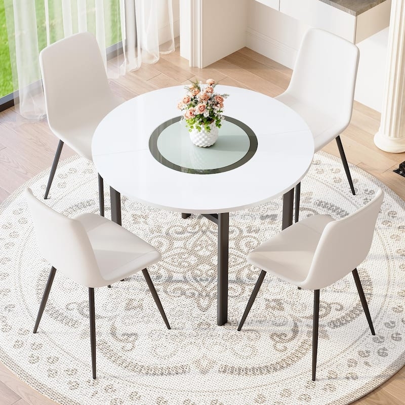 Modern White Dining Set, Round Table with Glass Insert, Bucket Chairs