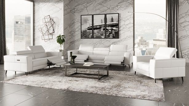 Modern White Leather Reclining Sofa Set Adjustable Headrests Tapered Legs