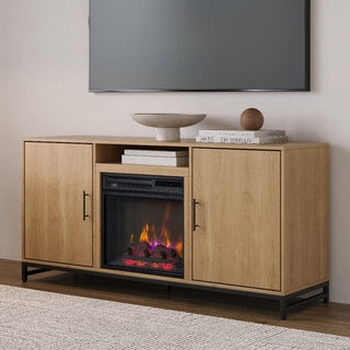 Modern White Oak Media Console with Fireplace and Metal Base
