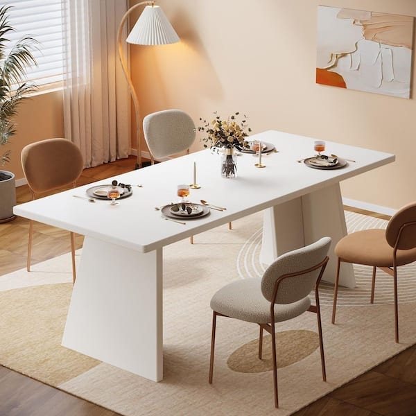 Modern White Pedestal Dining Table Set Seats 4-6 Japandi Style