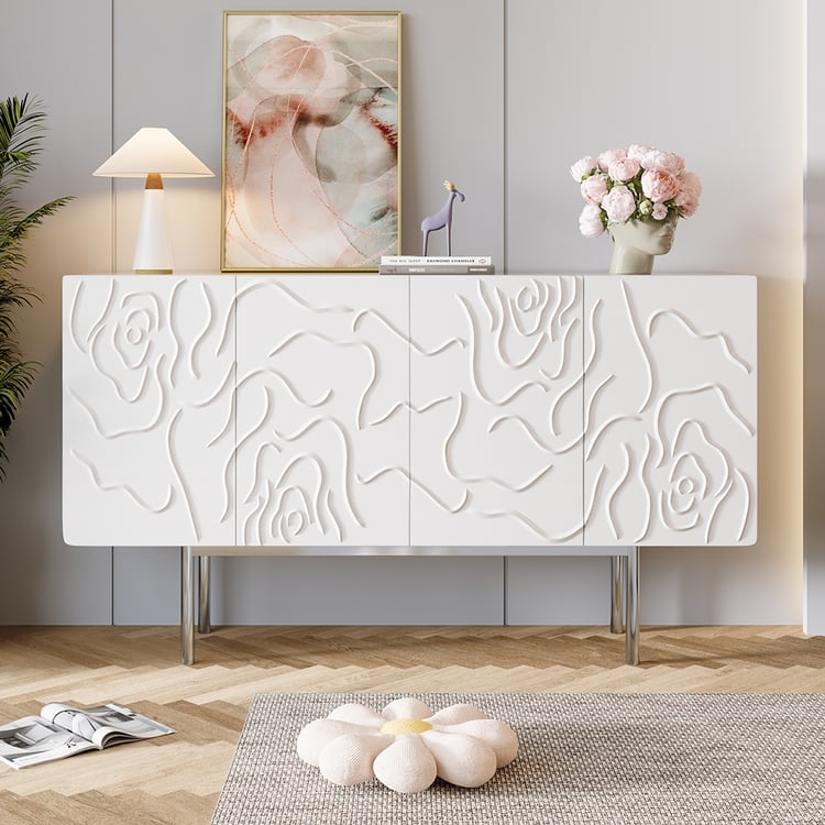 Modern White Sideboard with Wavy Carved Doors and Gold Legs