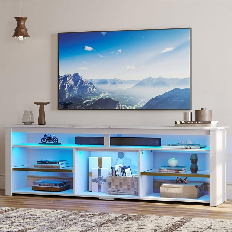 Modern White TV Stand Marble Look Top Blue LED Lights Media Console