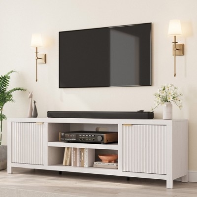 Modern White TV Stand with Gold Hardware and Ribbed Doors