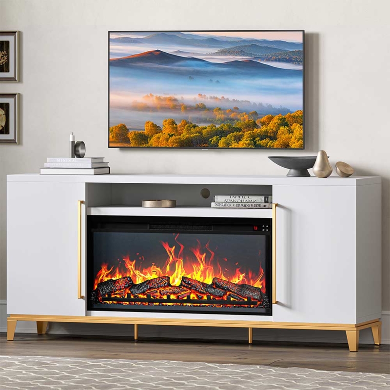 Modern White TV Stand with Gold Hardware and Tapered Legs