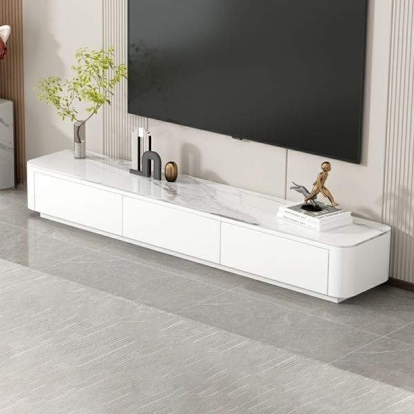 Modern White TV Stand with Marbled Top and Rounded Corners