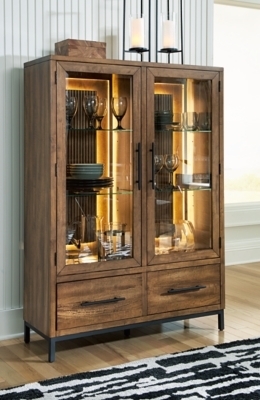 Modern Wood China Cabinet with Ribbed Back Panel and Black Metal Base
