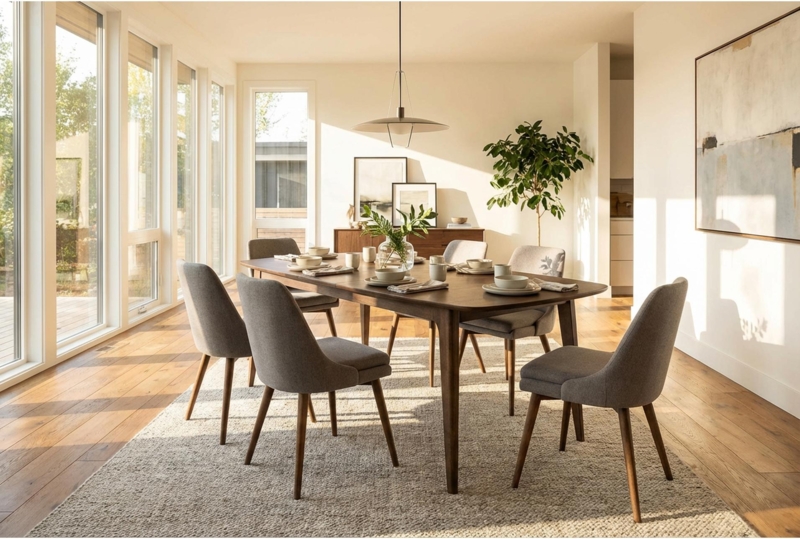 Modern Wood Dining Table with Tapered Legs and Grey Chairs