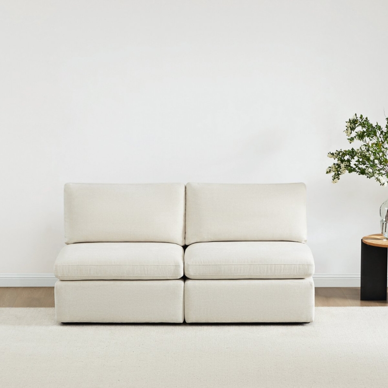 Modular Armless Sofa in Cream Linen-Like Fabric, 2-Piece Set