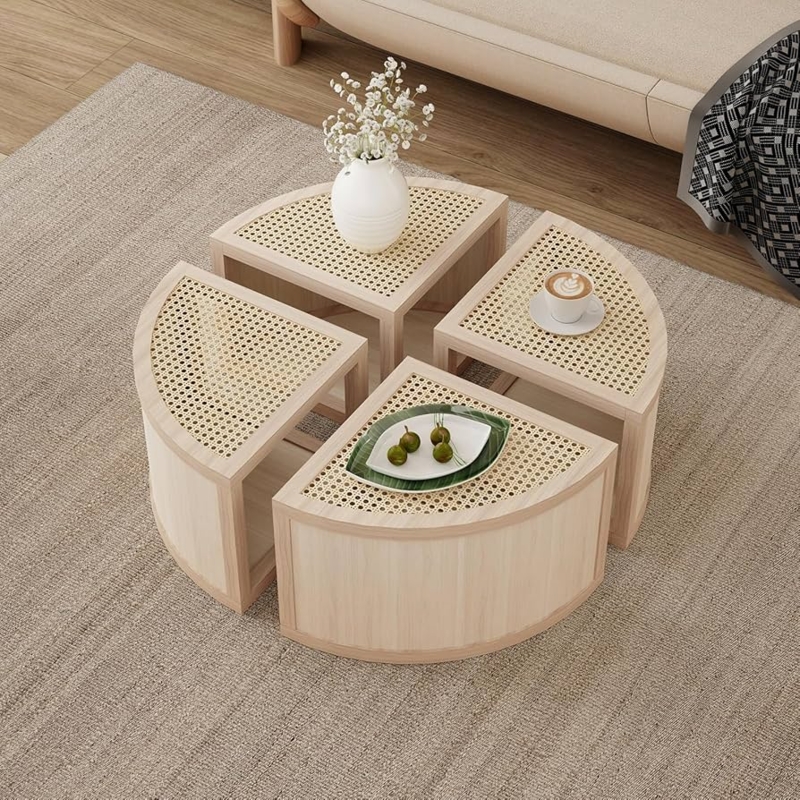 Modular Coffee Table Set Rattan Cane Inserts Light Wood Quadrant Shape