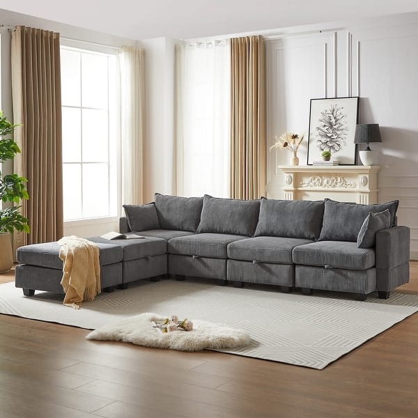 Modular Corduroy Sectional, Storage Sofa, 6 Seat Convertible.